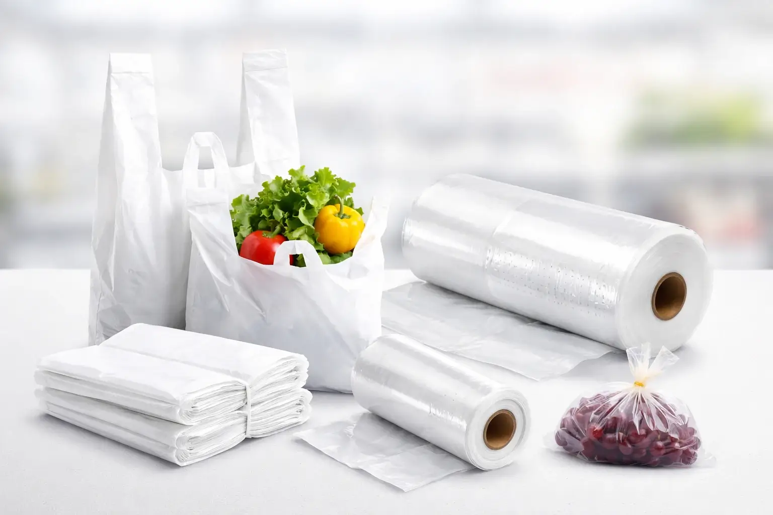 Bolsas plásticas por paquetes y rollos precortados para uso comercial y autoservicio en Colombia.