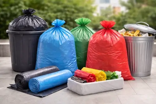 Bolsas plásticas para residuos y basura en diferentes colores, utilizadas en hogares y comercios
