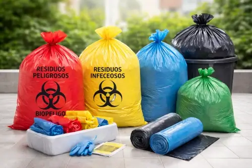 Bolsas plásticas para residuos hospitalarios y basura, diseñadas para manejo seguro de desechos.