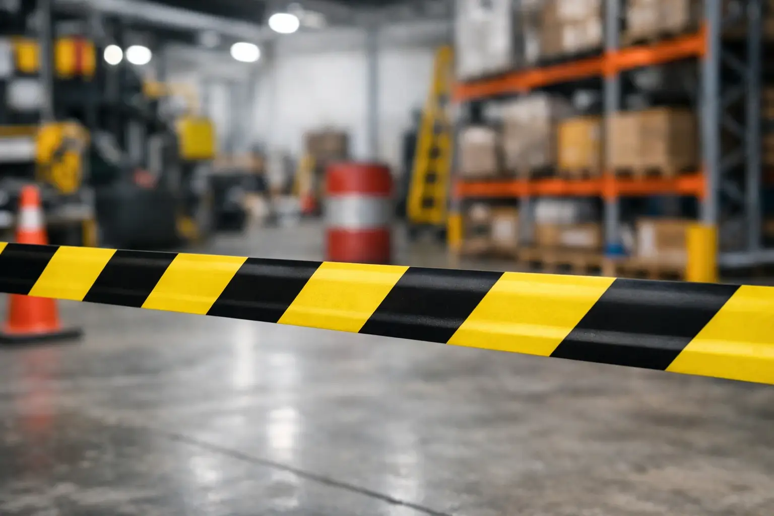 Cinta de señalización amarilla y negra delimitando una zona de seguridad en una bodega industrial.
