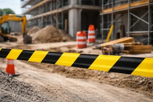 Cinta de señalización amarilla y negra delimitando una zona de obra civil en construcción