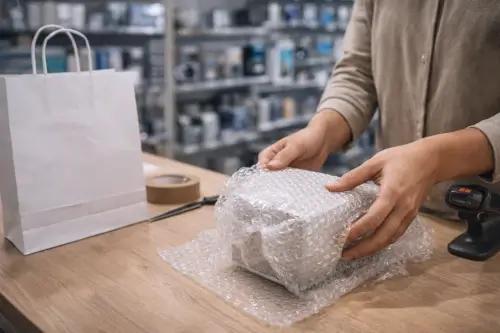 Plástico burbuja utilizado en comercio y retail para proteger productos durante el empaque