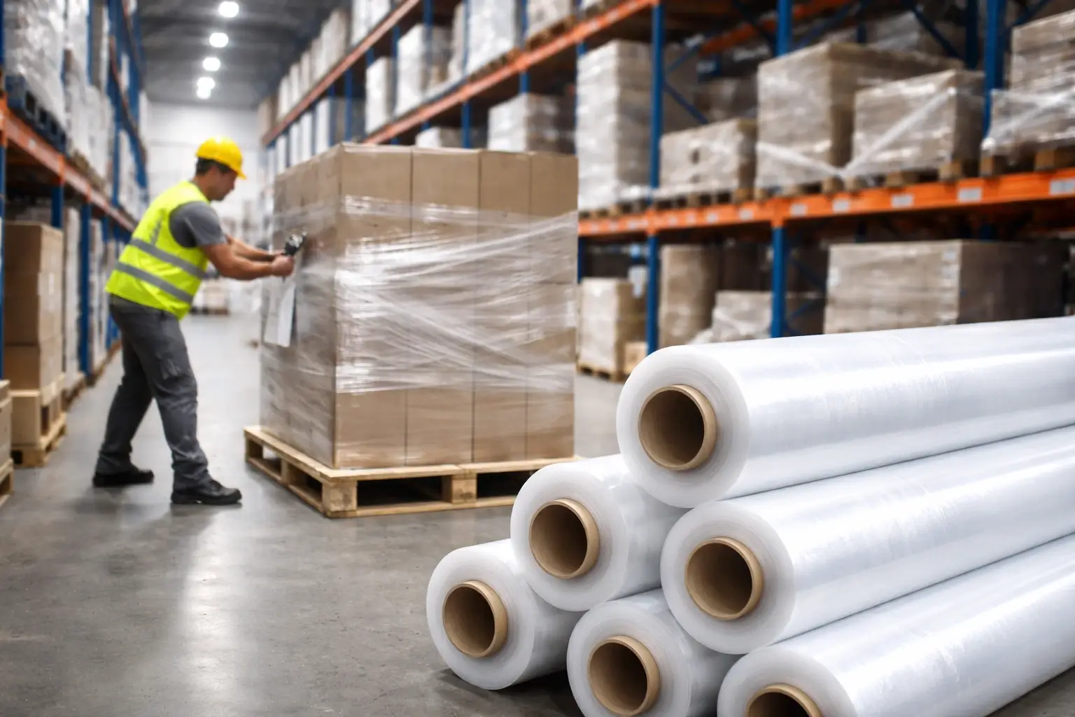 Stretch film transparente y negro utilizado en embalaje de pallets y centros logísticos