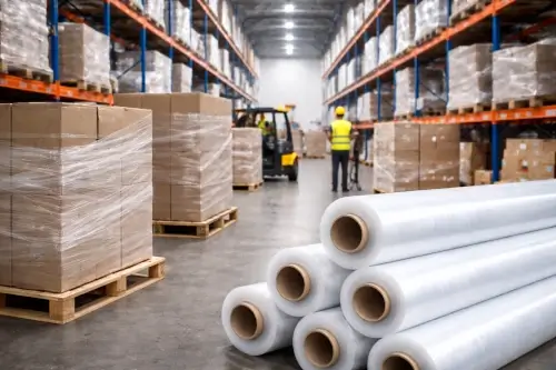 Uso de stretch film en logística y centros de distribución para sujeción de pallets.